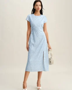 Blue Round Neck Button Slit Midi Dress