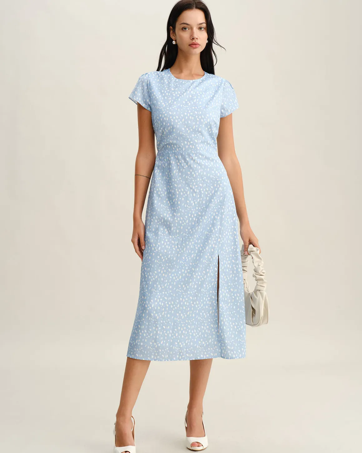 Blue Round Neck Button Slit Midi Dress