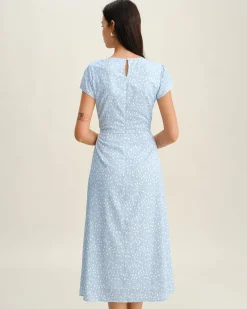 Blue Round Neck Button Slit Midi Dress