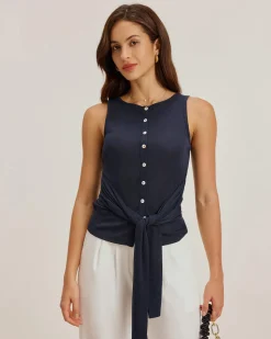 Blue Round Neck Button Tank Top