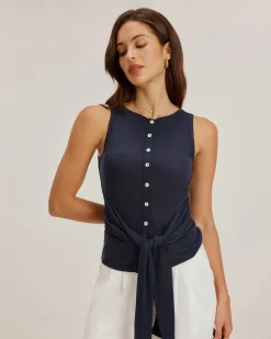 Blue Round Neck Button Tank Top