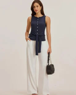 Blue Round Neck Button Tank Top