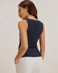 Blue Round Neck Button Tank Top