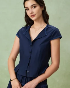 Blue Round Neck Embroidery Blouse