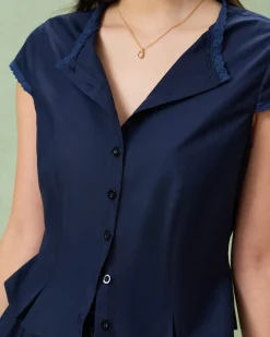 Blue Round Neck Embroidery Blouse