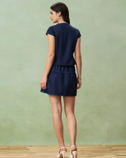 Blue Round Neck Embroidery Blouse