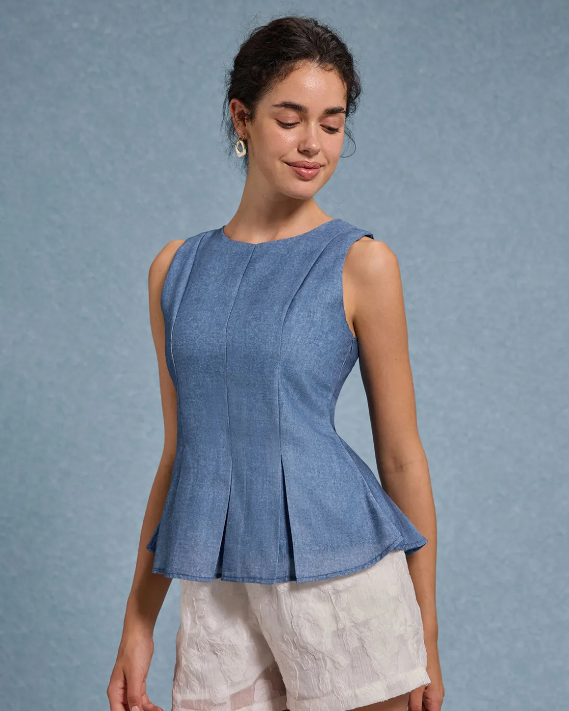 Blue Round Neck Ruched Tank Top