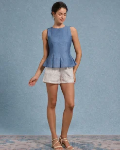 Blue Round Neck Ruched Tank Top