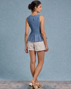 Blue Round Neck Ruched Tank Top