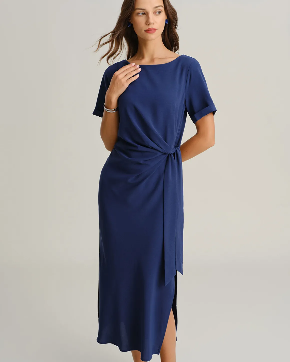 Blue Round Neck Short Sleeve Maxi Dress