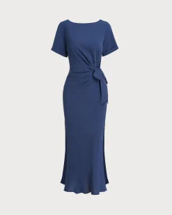 Blue Round Neck Short Sleeve Maxi Dress