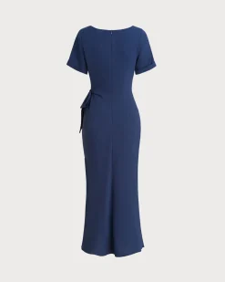 Blue Round Neck Short Sleeve Maxi Dress