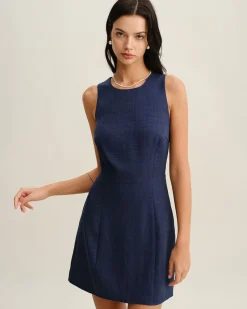 Blue Round Neck Zipper Sleeveless Mini Dress