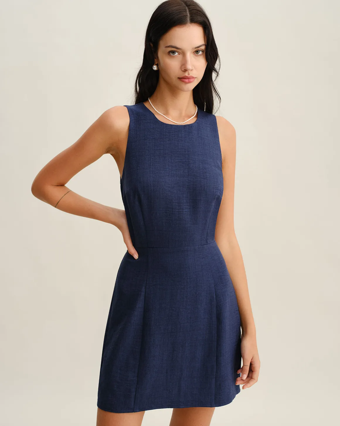 Blue Round Neck Zipper Sleeveless Mini Dress
