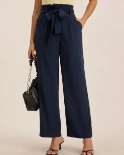 Blue Ruched Straight Pants