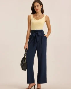 Blue Ruched Straight Pants