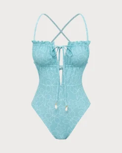 Blue Ruched Tie Front One-Piece Swimsuit