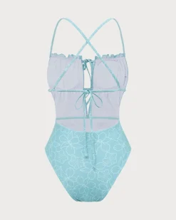 Blue Ruched Tie Front One-Piece Swimsuit
