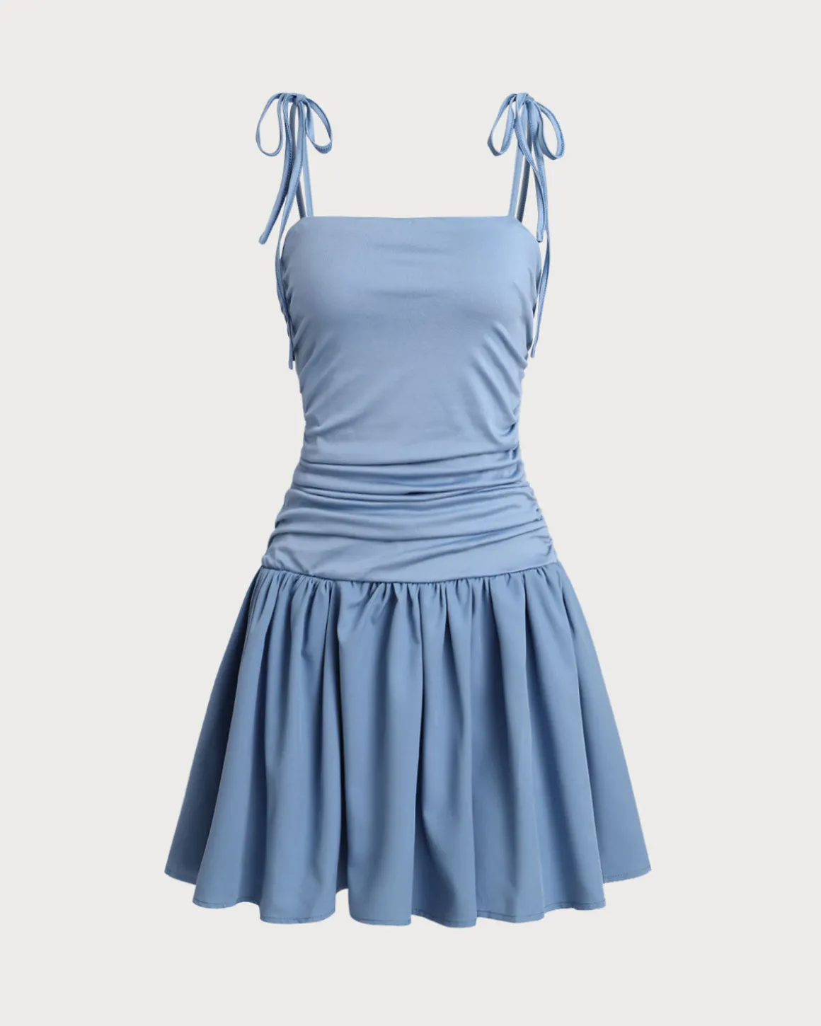 Blue Ruched Tie Strap Mini Dress
