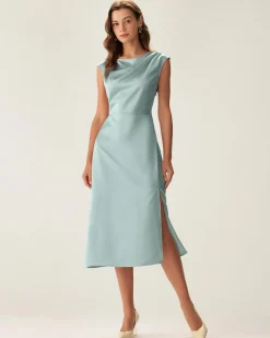 Blue Satin Boat Neck Slit Sleeveless Midi Dress