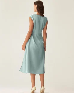 Blue Satin Boat Neck Slit Sleeveless Midi Dress
