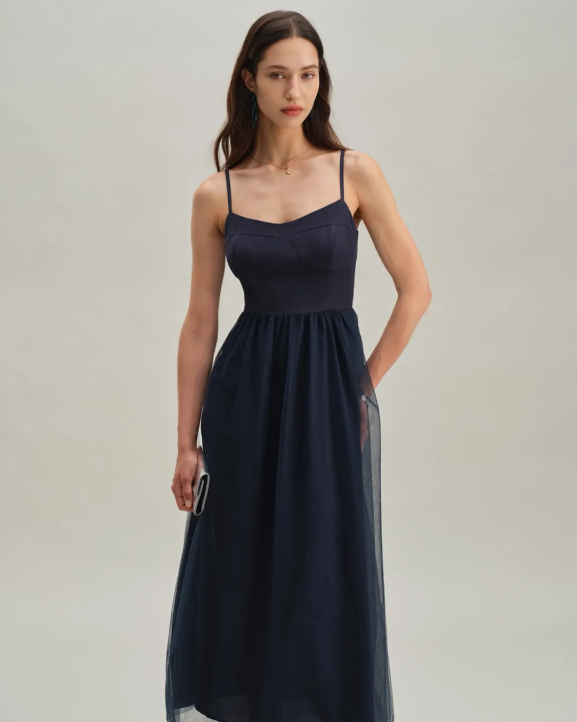 Blue Shirred Flowy Slip Maxi Dress
