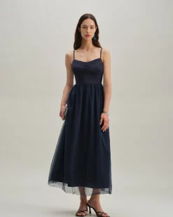 Blue Shirred Flowy Slip Maxi Dress
