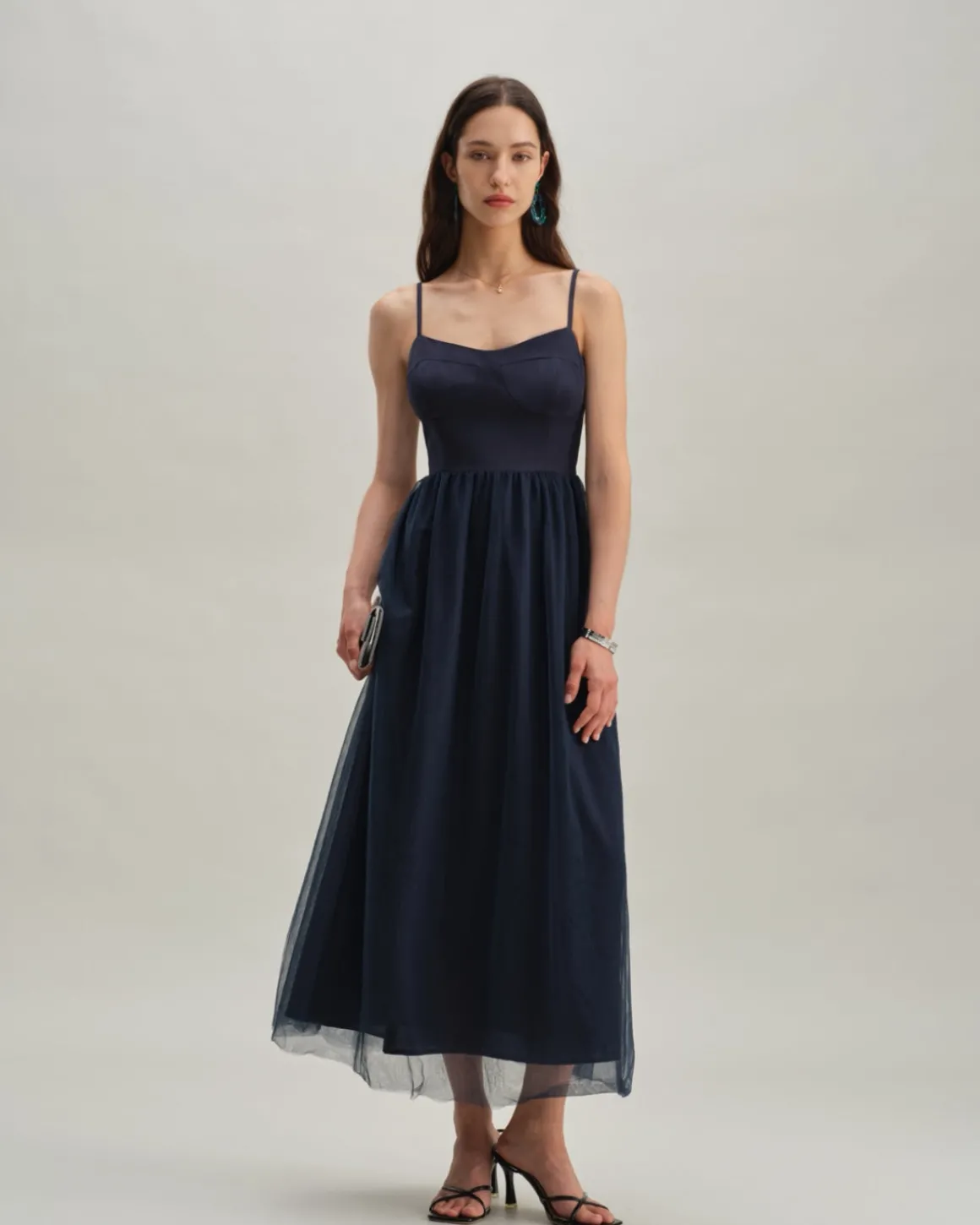 Blue Shirred Flowy Slip Maxi Dress