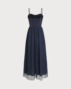 Blue Shirred Flowy Slip Maxi Dress