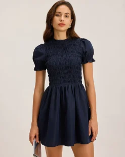 Blue Shirred Puffed Sleeve Mini Dress