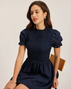 Blue Shirred Puffed Sleeve Mini Dress