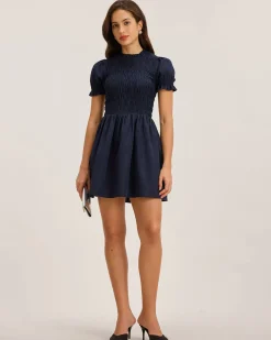 Blue Shirred Puffed Sleeve Mini Dress