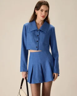 Blue Single-Breasted Pocket Crop Jacket
