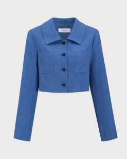Blue Single-Breasted Pocket Crop Jacket