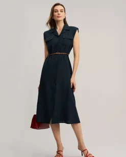 Blue Sleeveless Belted Midi Dress
