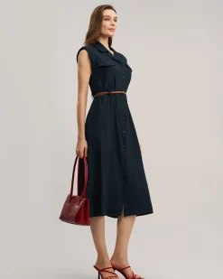 Blue Sleeveless Belted Midi Dress