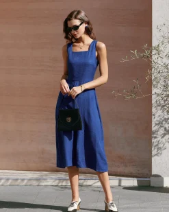 Blue Square Neck Pleated Sleeveless Midi Dress