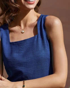 Blue Square Neck Pleated Sleeveless Midi Dress