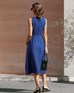 Blue Square Neck Pleated Sleeveless Midi Dress