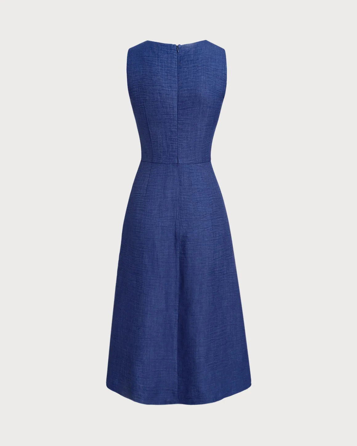 Blue Square Neck Pleated Sleeveless Midi Dress