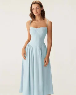 Blue Square Neck Pocket Slip Midi Dress