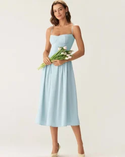 Blue Square Neck Pocket Slip Midi Dress