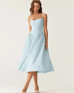 Blue Square Neck Pocket Slip Midi Dress