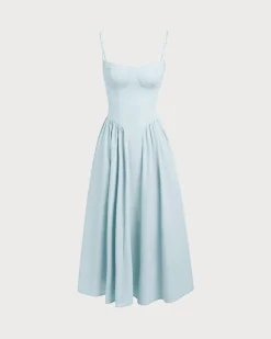 Blue Square Neck Pocket Slip Midi Dress
