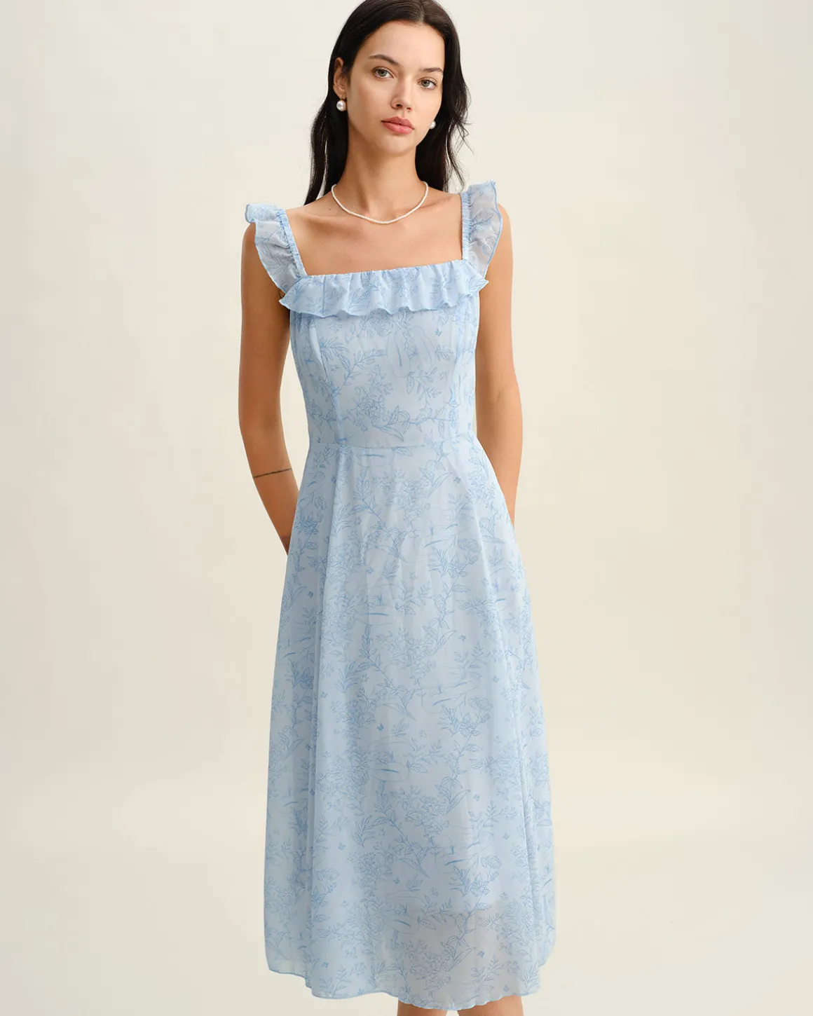 Blue Square Neck Ruffle Midi Dress