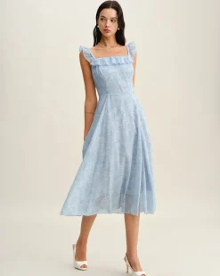 Blue Square Neck Ruffle Midi Dress
