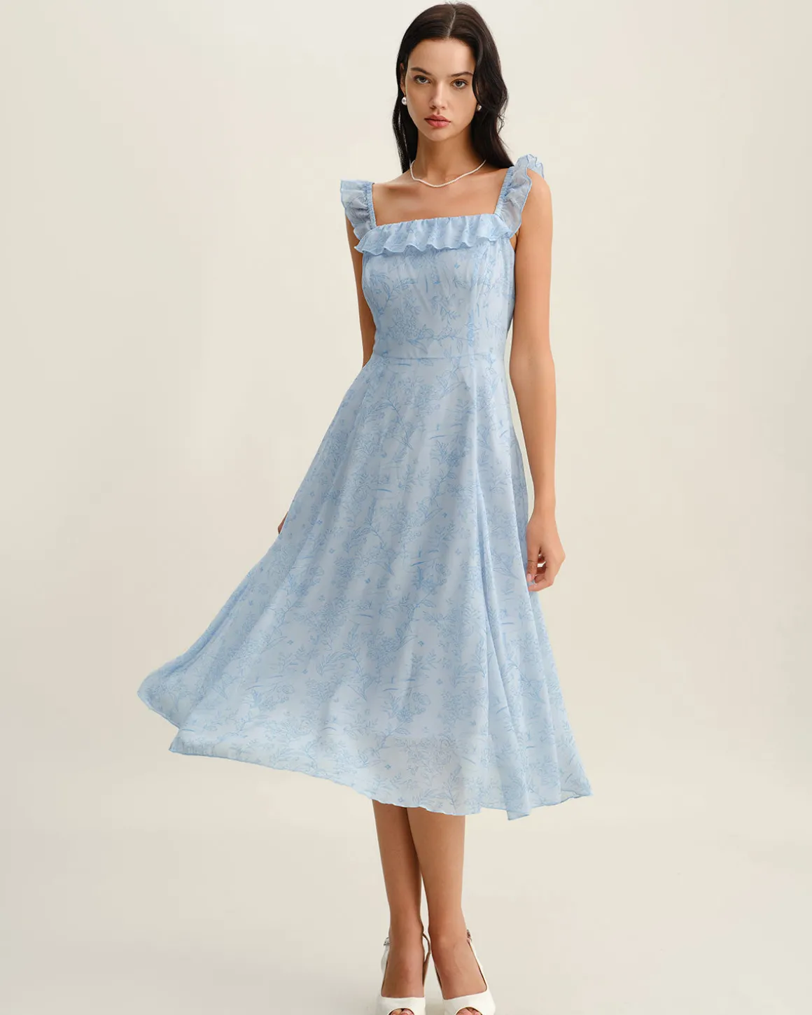 Blue Square Neck Ruffle Midi Dress