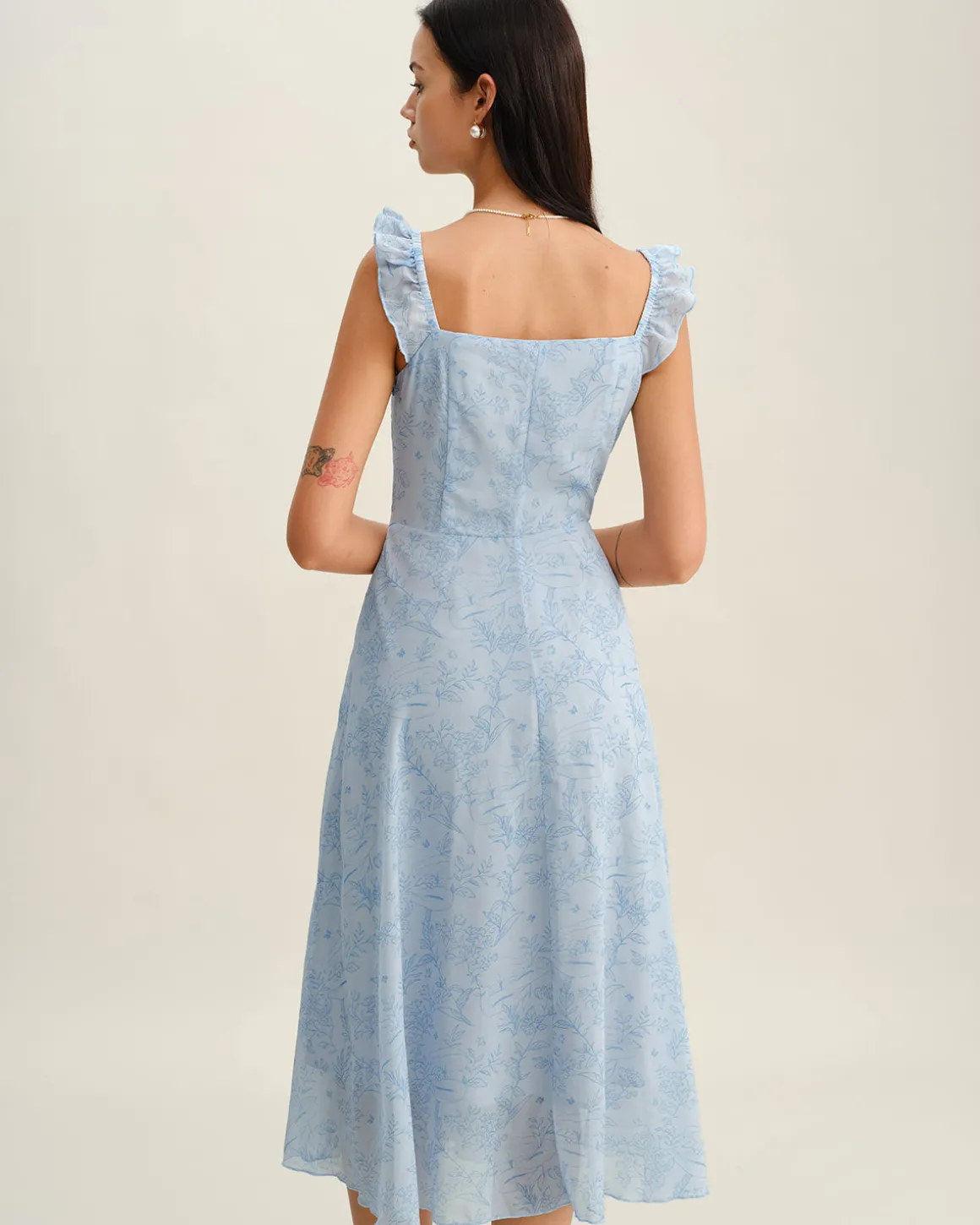 Blue Square Neck Ruffle Midi Dress