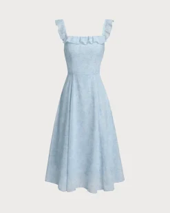 Blue Square Neck Ruffle Midi Dress