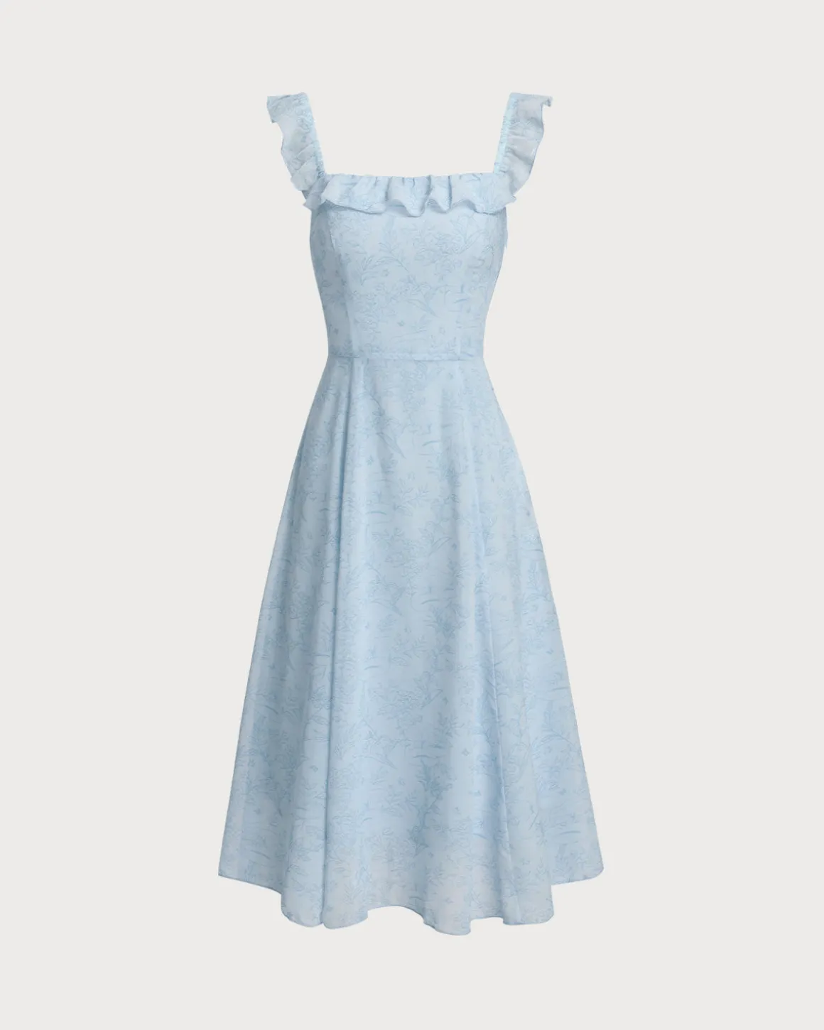Blue Square Neck Ruffle Midi Dress